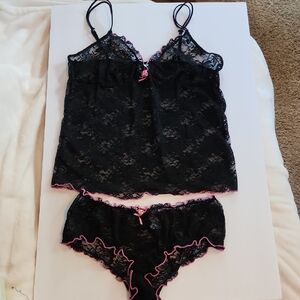 Black Lace Lingerie Set with Pink Accents
